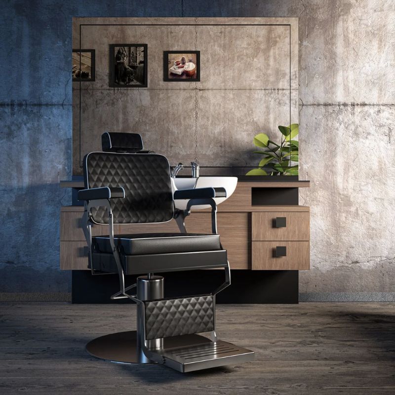 Hipster barber chair black barber chair in barbershop view 