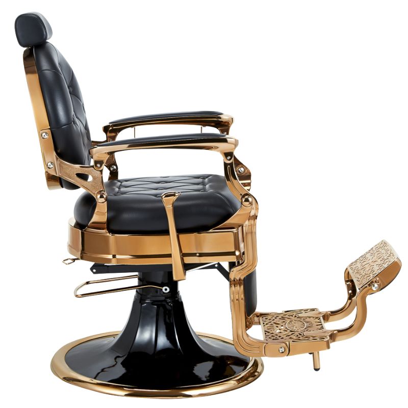 Barber chairs kirk Rs gold and black barbering chair side view 